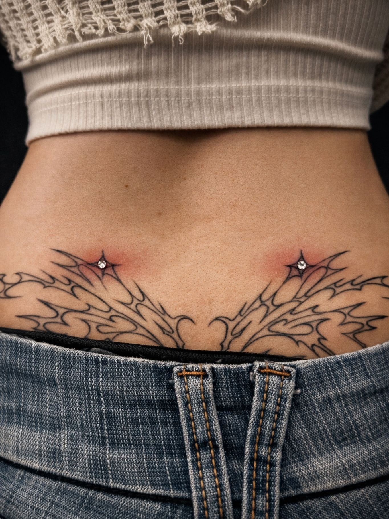 Podwójny piercing na dole pleców